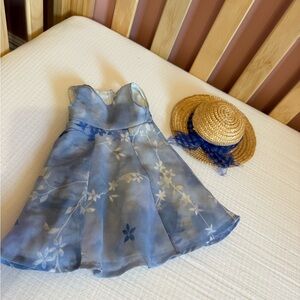 American Girl Blue and White Floral Doll Dress with Straw Hat